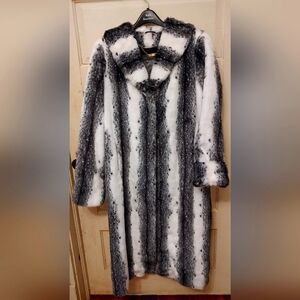 Dennis Basso full length black and white faux fur coat, size small